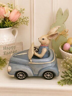 Ganz Easter Bunny Driving Blue Convertible Car Resin Figurine Spring Decor 8"